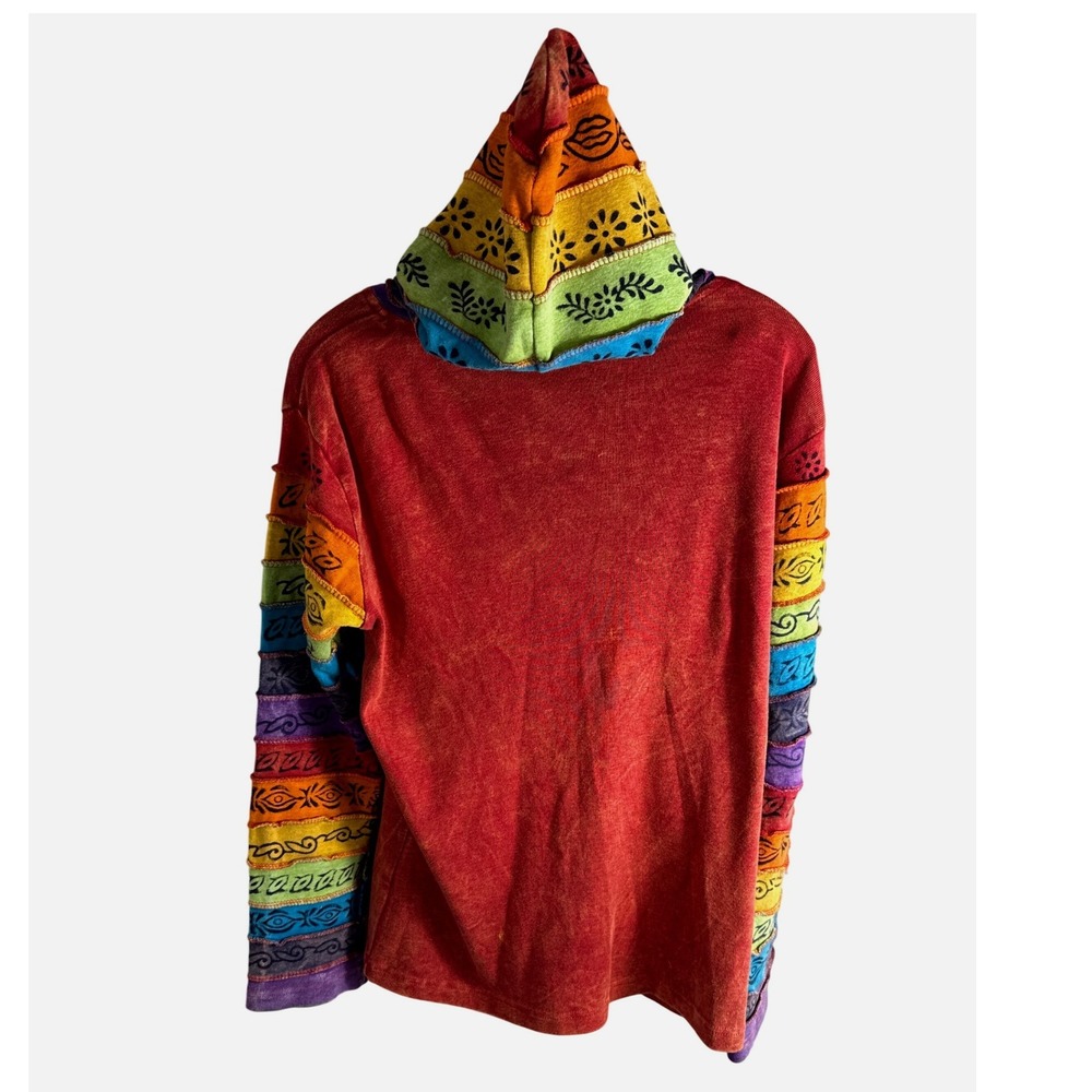 GreaterGood Nepal Rainbow Patchwork Sun Embroidery Zip Up Hoodie S/M Boho Hippie - Picture 3 of 7
